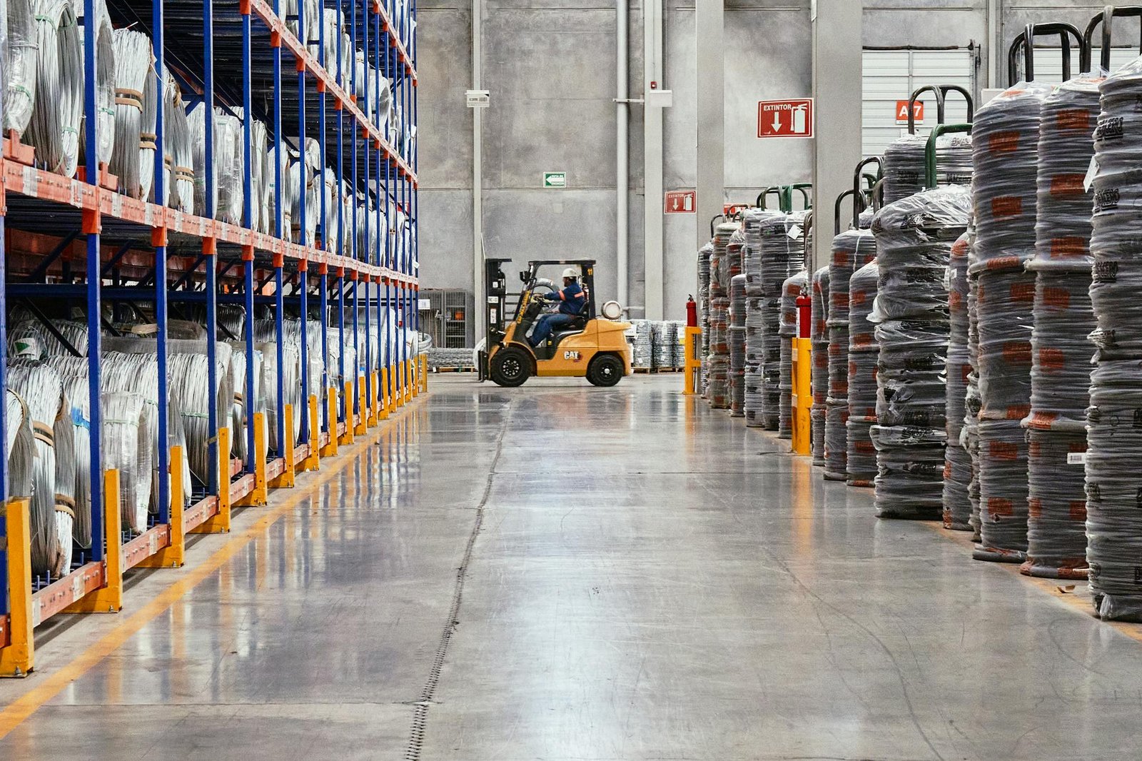 Home a forklift operates in an industrial warehouse - TRASAF S.A.S. A forklift operates in an industrial warehouse with stacked goods. Efficient distribution setting.