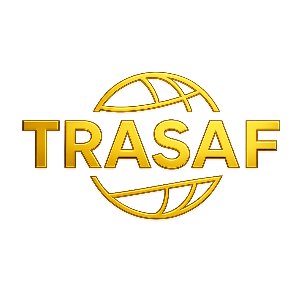 Logotipo oficial de TRASAF en color dorado con símbolo de globo terráqueo.
